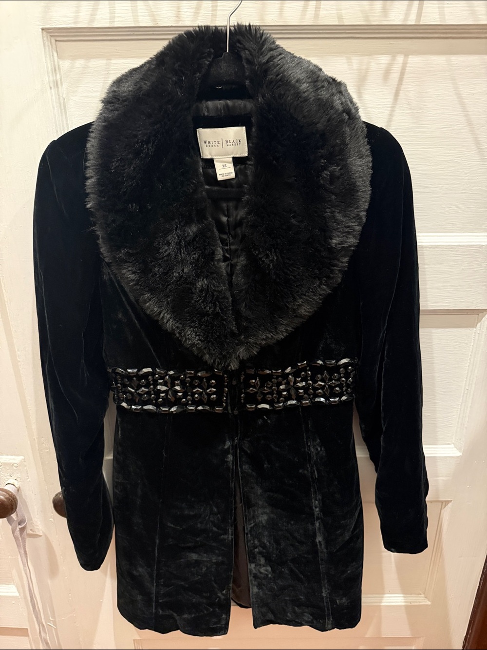 White House Black Market Black Velvet Coat with Faux-Fur Collar and Beaded Waist